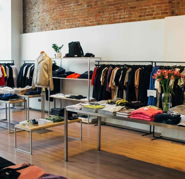 nterior of a modern retail boutique featuring an exposed red brick upper wall and minimalist white lower walls. The space is organized with industrial metal clothing racks holding dark apparel, sleek wooden display tables with folded colorful garments, and light wood flooring. A vase of pink lilies adds a decorative touch to a foreground table, while the open-concept layout showcases a clean, contemporary architectural design.