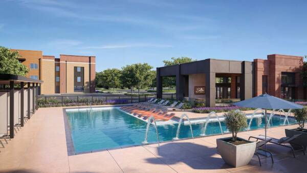 Rendering of Soltra Brassline pool area with fountains, lounge chairs, and gazebos.