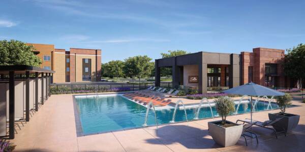 Rendering of Soltra Brassline pool area with fountains, lounge chairs, and gazebos.